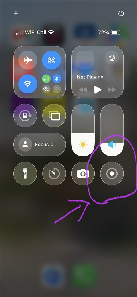 iPhone Control Centre with the screen record button circled in purple in the bottom row
